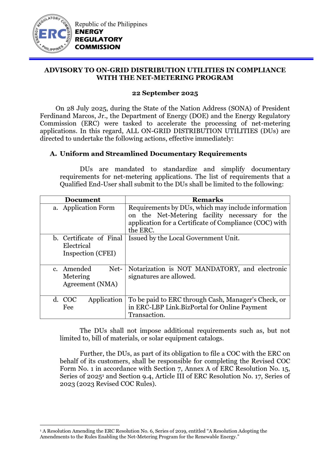 ERC Advisory to On-Grid Distribution Utilities 22 September 2025