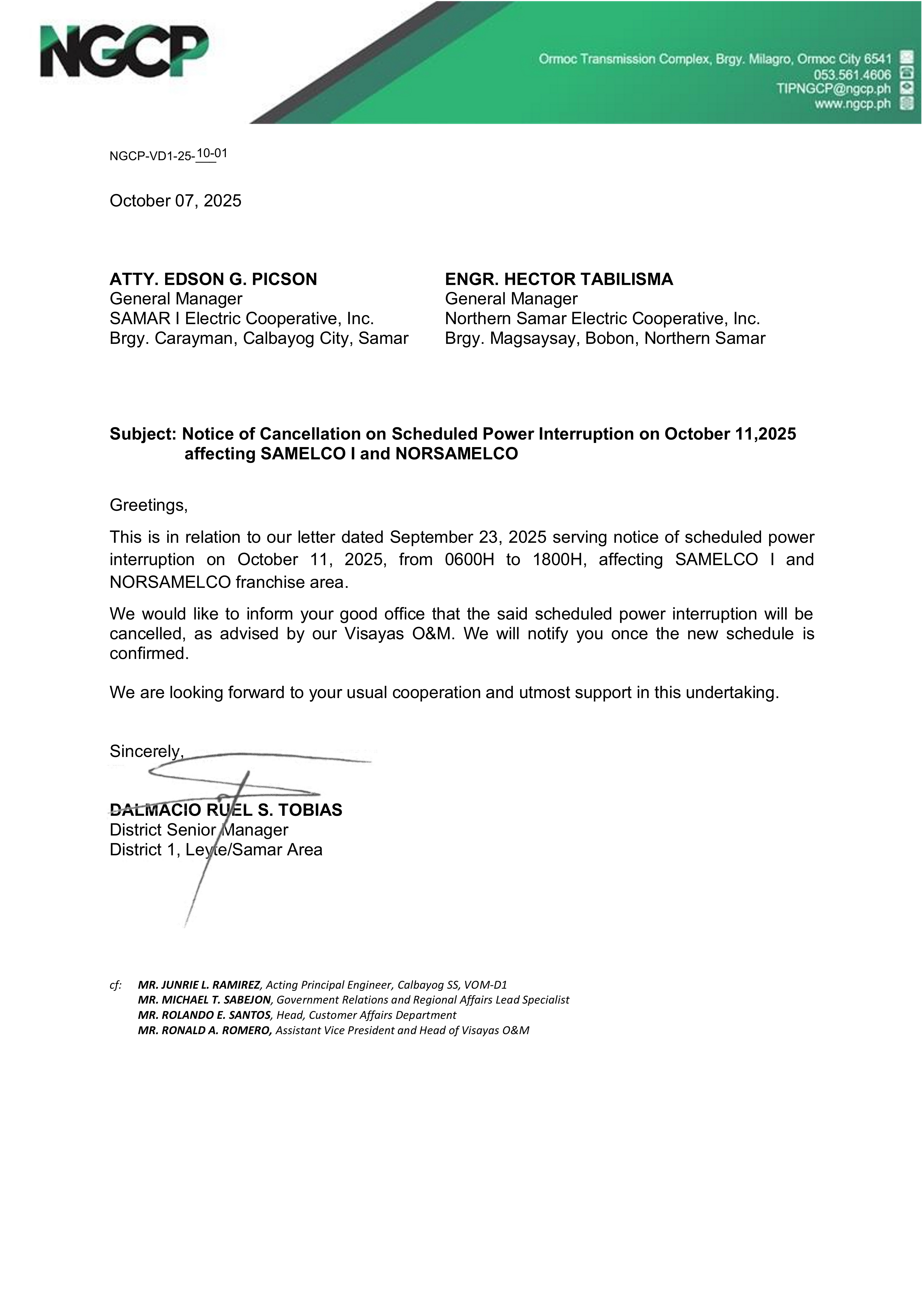 CANCELLED NGCP POWER INTERRUPTION