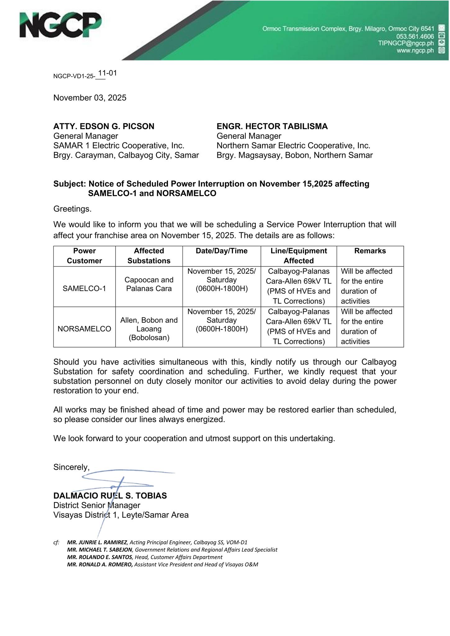 NOTICE OF NGCP POWER INTERRUPTION