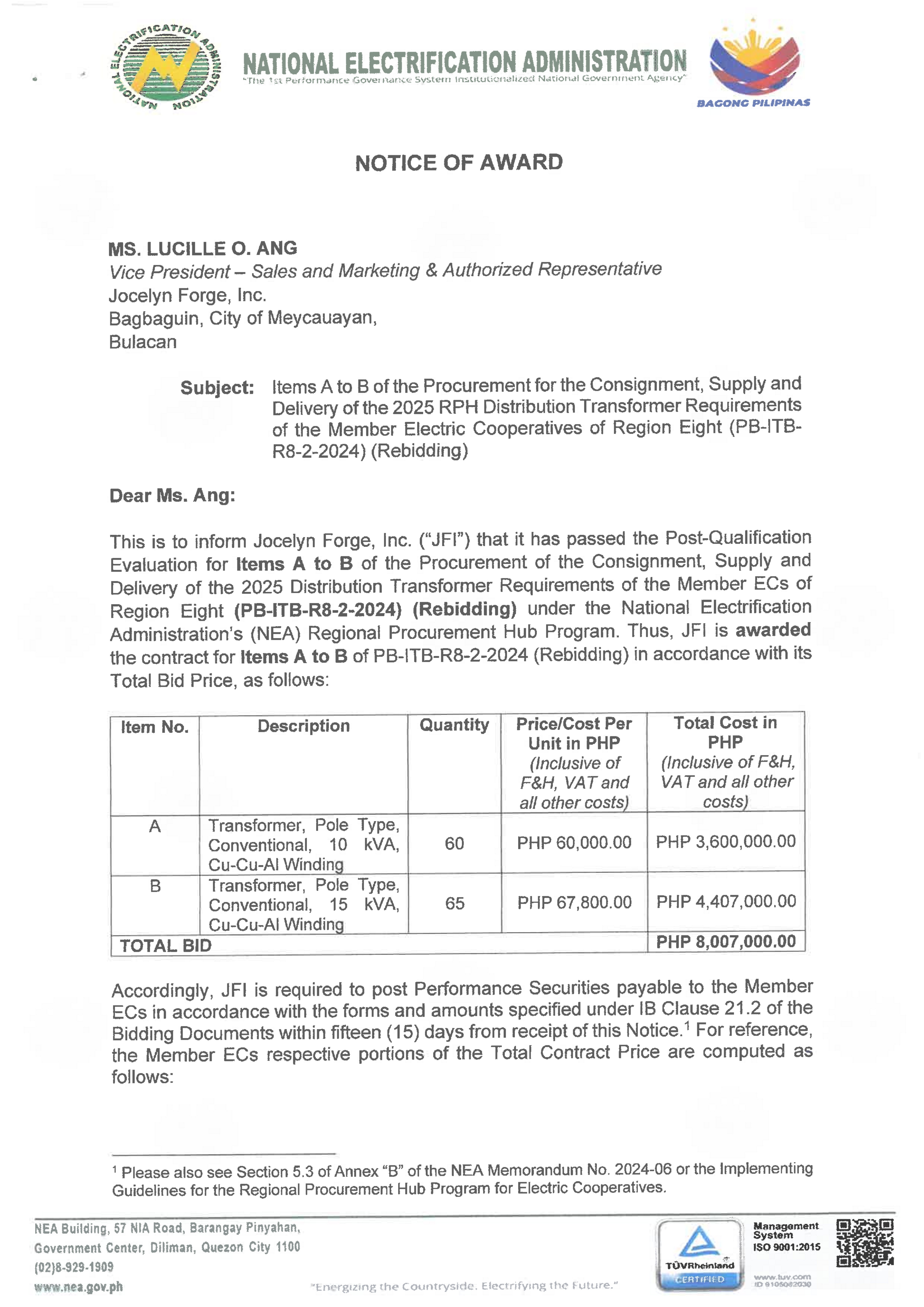 NOTICE OF AWARD