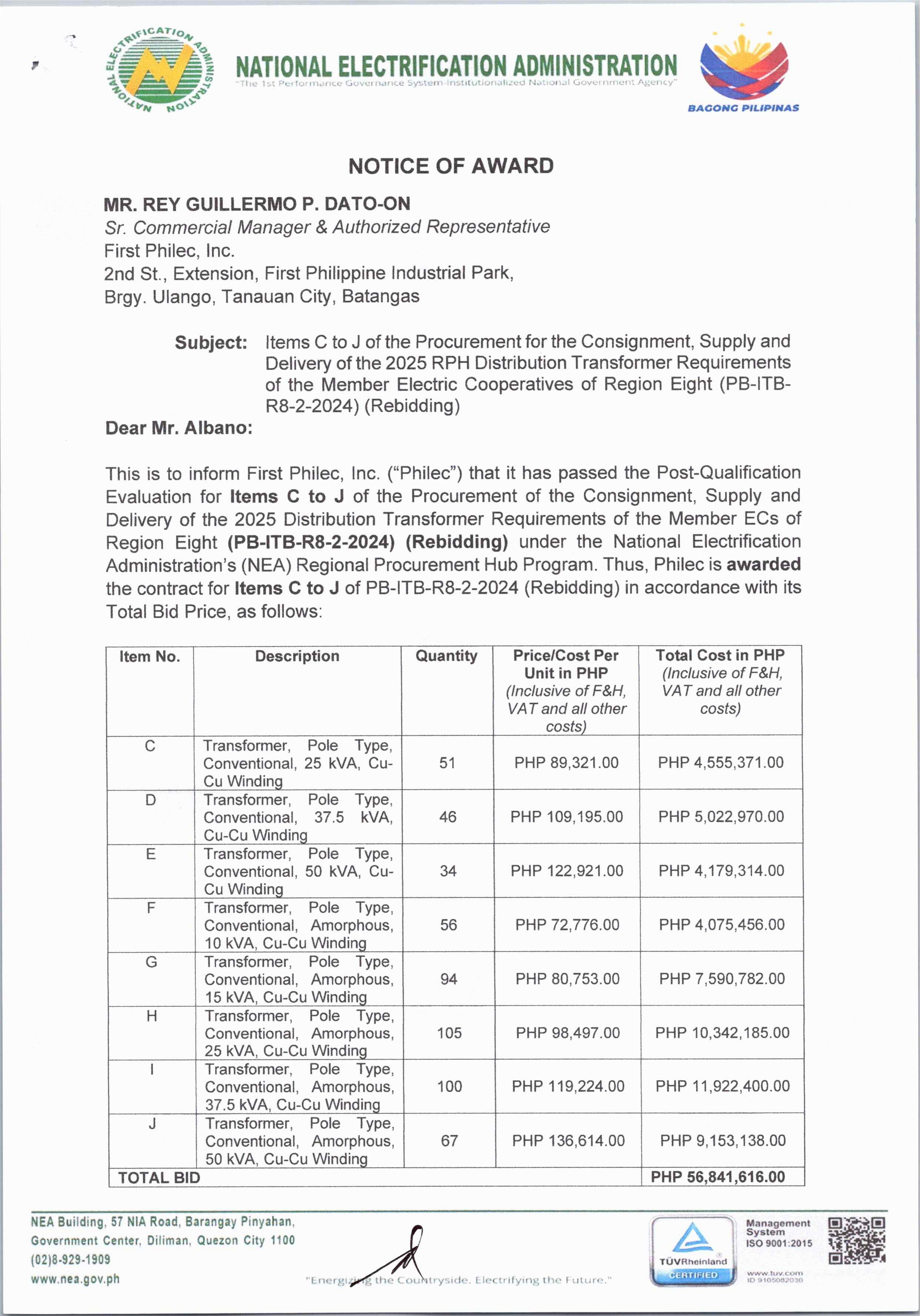 Notice of Award