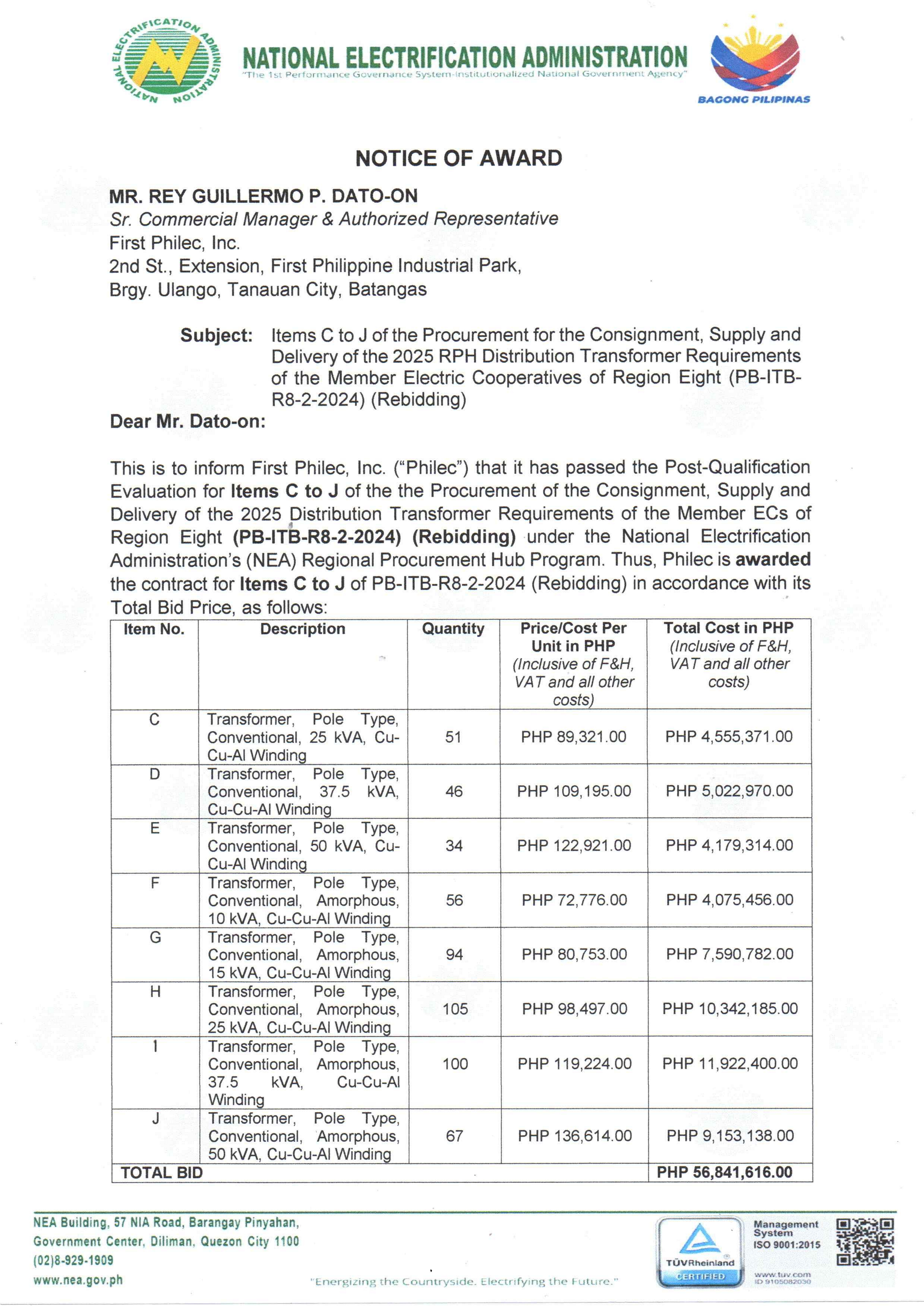 NOTICE OF AWARD